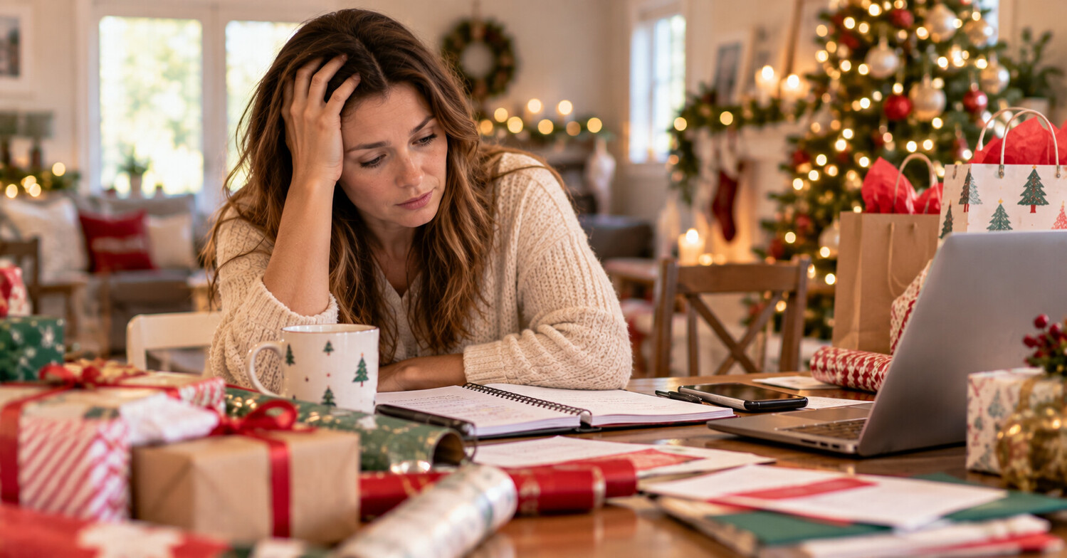 Parent feeling overwhelmed by holiday stress and family expectations